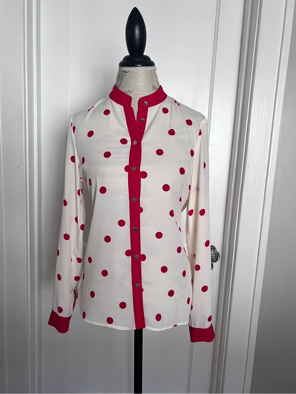 Anne Klein Cream Blouse with Red Polka Dots and Trim